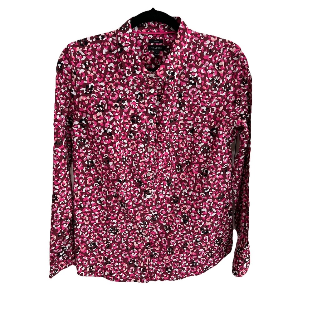 Talbots Women's Leopard Print Button Up Shirt Size 12 Pink No Iron Career Office